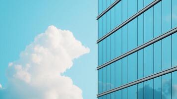 Modern glass building against a bright blue sky with fluffy clouds. Urban and architecture innovative buildings concept. photo