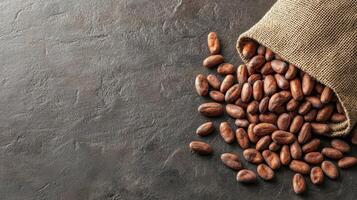 Spilled cocoa beans from a burlap sack on a textured surface. photo