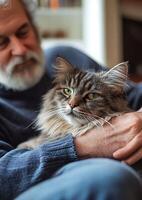 man petting cat on sofa calm atmosphere, pet love photo