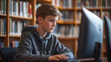 adolescente utilizando aprendizaje administración sistema en escritorio computadora, estante para libros y cuadernos cercano, foto