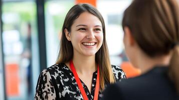 smiling HR specialist welcoming new intern to team, name tag and welcome kit visible, photo