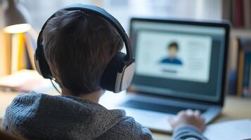 student watching online lecture with headset and notes on desk, laptop screen showing virtual classroom, photo