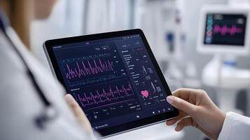 Tablet screen displaying real time heart monitor in doctors hands, modern clinical environment, high-resolution interface, photo