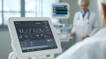 Electronic patient monitoring system used by doctor with tablet, sharp UI, clean and modern background, photo