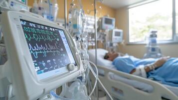 Doctor using a digital tablet to monitor patient vital signs in a modern hospital, medical technology in action, high-tech healthcare interface clean and professional environment photo