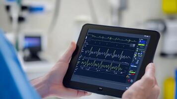 Tablet screen displaying real-time heart monitor in doctors hands, modern clinical environment, high-resolution interface photo