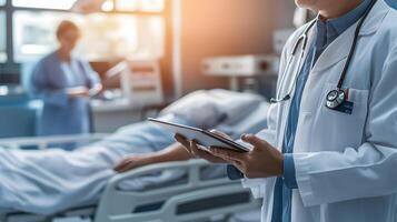 Doctor using digital tablet to monitor patient vital signs in a modern hospital, medical technology in action, high-tech healthcare interface clean and professional environment. photo