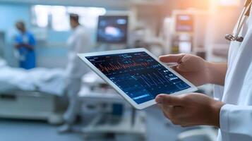 Close up of physician holding tablet displaying ECG and patient data, advanced diagnostics in futuristic hospital setting, bright lighting, clean screen interface. photo