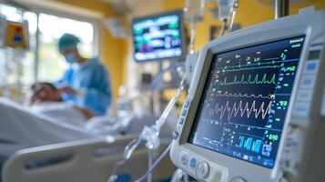 Doctor using a digital tablet to monitor patient vital signs in a modern hospital, medical technology in action, high-tech healthcare interface, clean and professional environment photo
