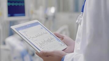 Tablet interface showing heart rhythm and patient stats held by professional doctor, tech driven hospital environment photo