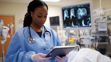 Healthcare worker analyzing scan results on portable digital device, modern patient care through smart technology, photo