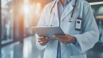 Real-time patient monitoring via tablet in doctors hands, medical data visualization tools, professional hospital setting, photo