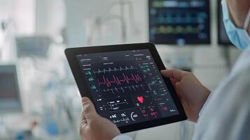 Tablet interface showing heart rhythm and patient stats held by professional doctor, tech-driven hospital environment. photo