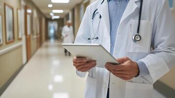 Digital health report interface active on tablet, doctor analyzing real-time data in clinic, photo