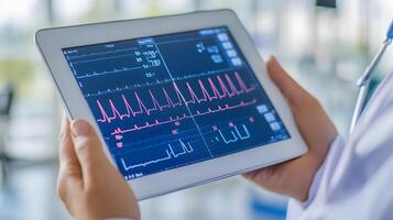 physician holding tablet displaying ECG and patient data, advanced diagnostics in futuristic hospital setting, bright lighting, clean screen interface, photo