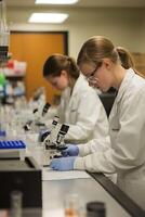 laboratory scientists conducting experiments using microscopes and lab tools photo