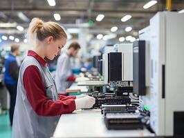 factory workers assembling electronic on long production line photo