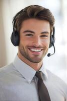 call center employee using headset in bright office photo