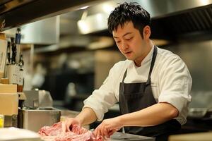 butcher preparing meat cuts on clean counter wearing apron photo