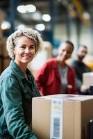 warehouse team moving packages using forklifts and scanning devices in large facility photo
