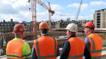 group of construction workers collaborating on site wearing helmets and vests crane and building background photo
