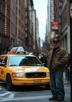 taxi driver waiting for passenger near sidewalk in downtown photo