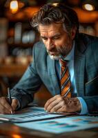 portfolio manager evaluating asset returns and risk before constructing new portfolio photo