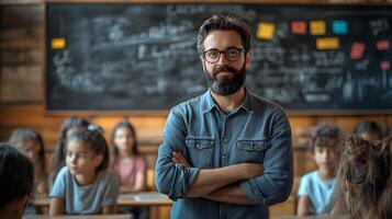 teacher explaining math problem on chalkboard, focused students watching, photo