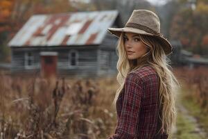 woman wearing fall fashion walking in rustic setting, photo