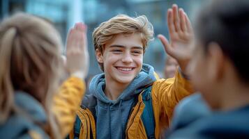 classmates giving high-five in front of school building, photo