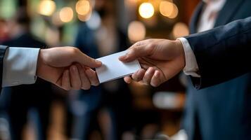 Professional networking event with people exchanging business cards photo
