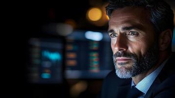 stock trader using multiple screens in dark office, photo