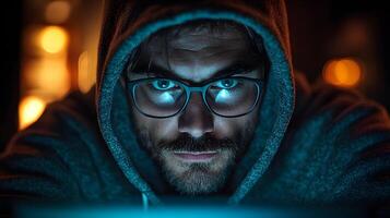 man in hoodie optimizing ecommerce ad performance, focused look, moody office setting. photo