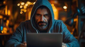 man in hoodie optimizing ecommerce ad performance, focused look moody office setting photo