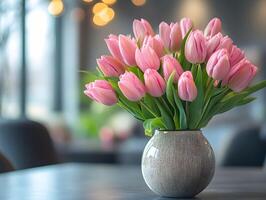 soft focus on flowers in vase with Mothers Day card in background on table photo