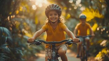 family enjoying a relaxing bike ride on a quiet cycling path in the countryside photo