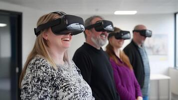 3D team smiling during digital breathing exercise in shared space photo
