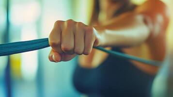 Close-up of hand using pilates resistance band toned arm, sharp focus, blurred background photo