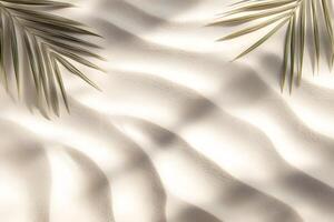 soft tropical sand background with palm leaf shadow, minimal summer texture, top view, flat lay, photo
