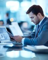 IT consultant working remotely with multiple devices, photo