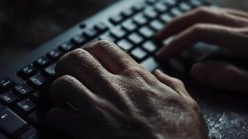 hands typing on keyboard with tech elements overlay, clean background, photo
