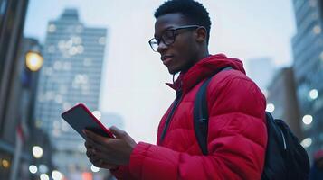 man using tablet in public space with blurred city background, photo