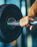 person lifting barbell with proper form, strength workout photo
