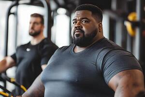 plus size man working out with trainer, focus on strength development photo
