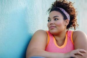 relaxed plus size woman taking a break during workout, resting moment photo