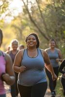 diverse plus size group walking together, fitness walk in nature photo