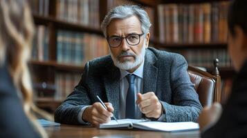 mediator in business suit explaining contract terms two parties listening attentively photo