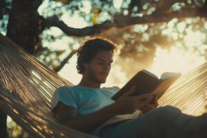 man reading book in hammock with soft light, relaxed mood, summer vibes, stock photo style, realistic,