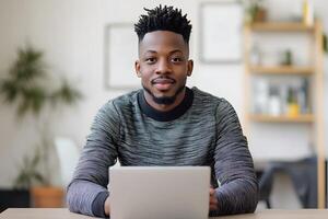 young professional making call from shared workspace, confident expression, stock photo style, realistic,