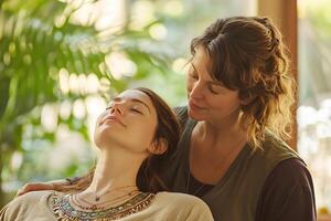 energy therapist performing chakra alignment session photo